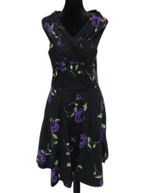Mixinni Black and Purple Floral Spring Sleeveless Dress with flair skirt Large